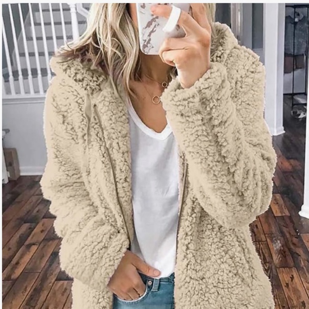 Ivory Teddy Bear Sherpa Ziphood Jacket Size S